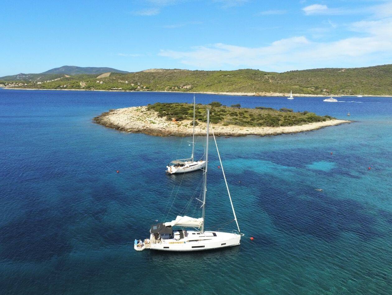 Drone picture of two boats anchored near an island